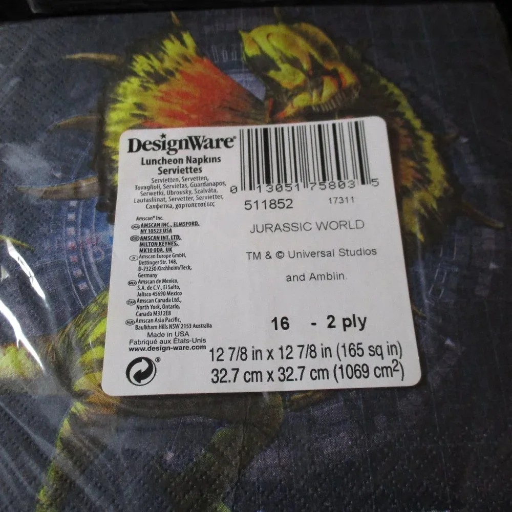 Lot of 2 Vintage Jurassic Park Party Napkins Universal Studios Amblin NEW